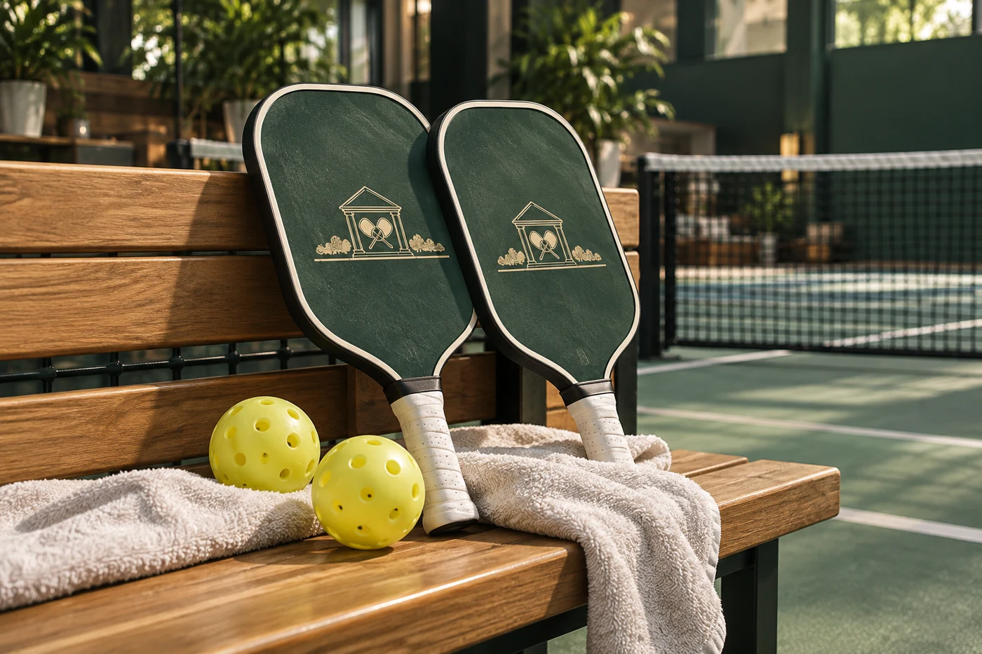 Pickleball paddles and balls beside the net