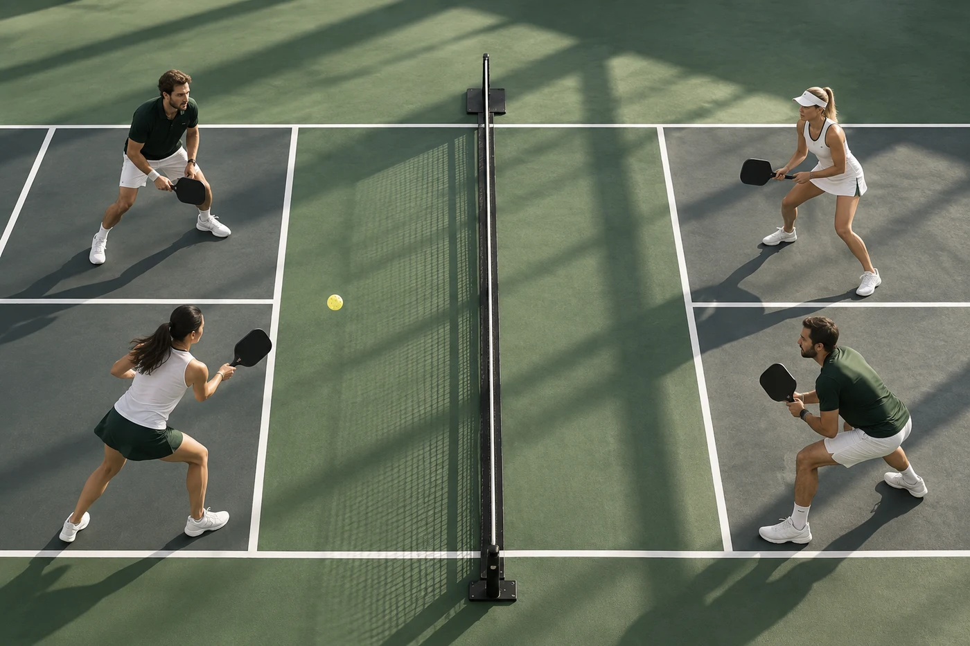 Aerial view of a doubles pickleball rally